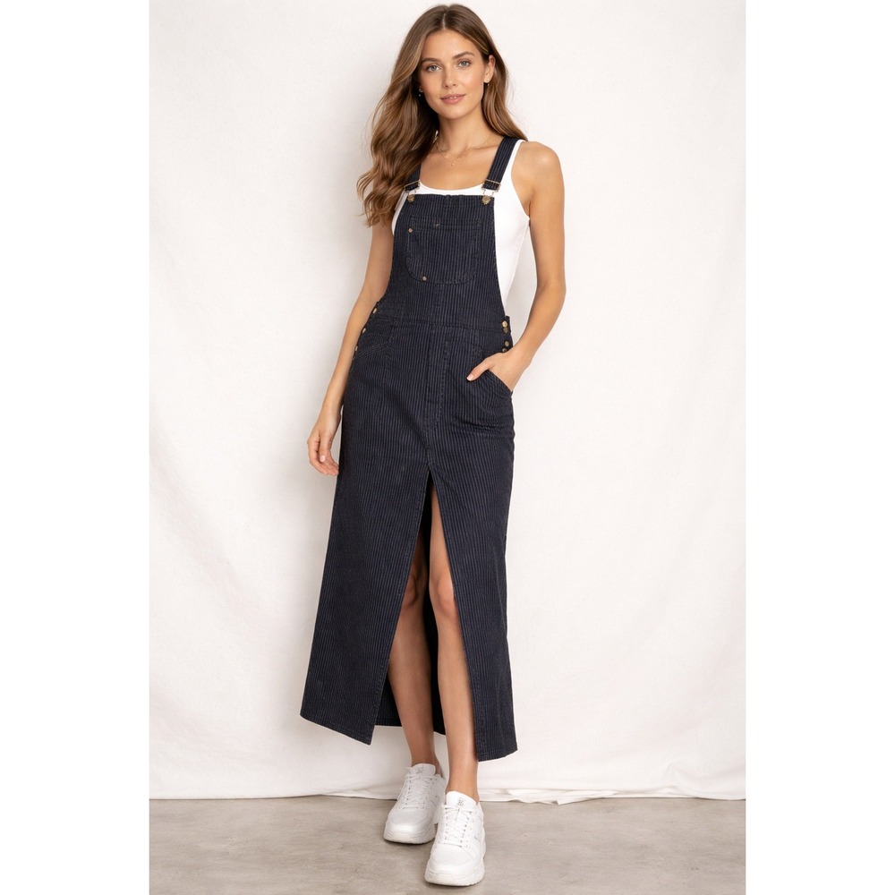 Frame Denim‎ Blue Pinstripe Gerald Street Front Slit Overall Maxi Dress Womens S